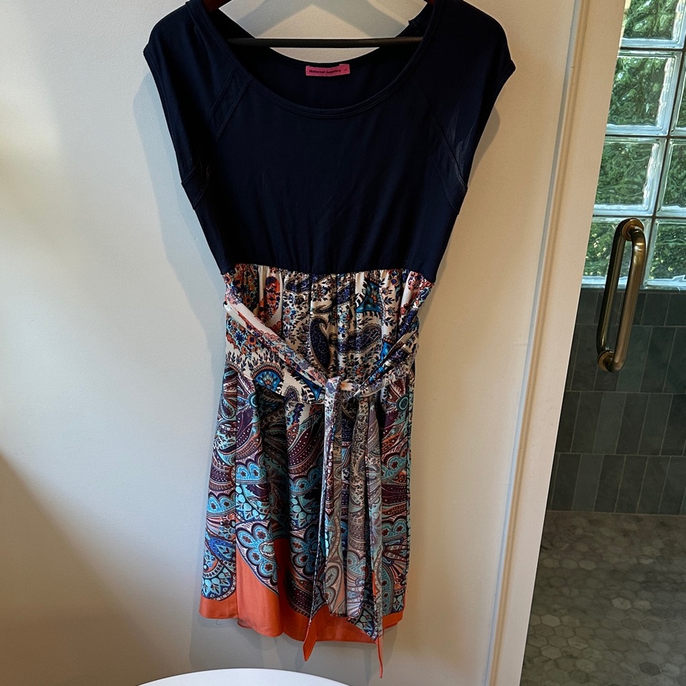 Maternal America Navy and Orange Paisley Midi Dress